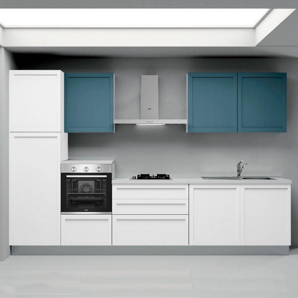 Cucina lineare Venere 330 sinistra con elettrodomestici inclusi – Basi bianco frassinato e pensili Avio