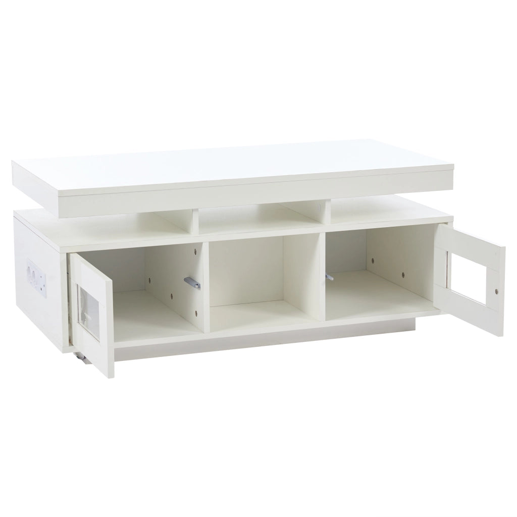 OKWISH Tavolino da Salotto con 2 Ante, 2 Vani e 1 Ripiano, LED e Presa USB, per Soggiorno, Bianco, 100 x 50 x 43 cm