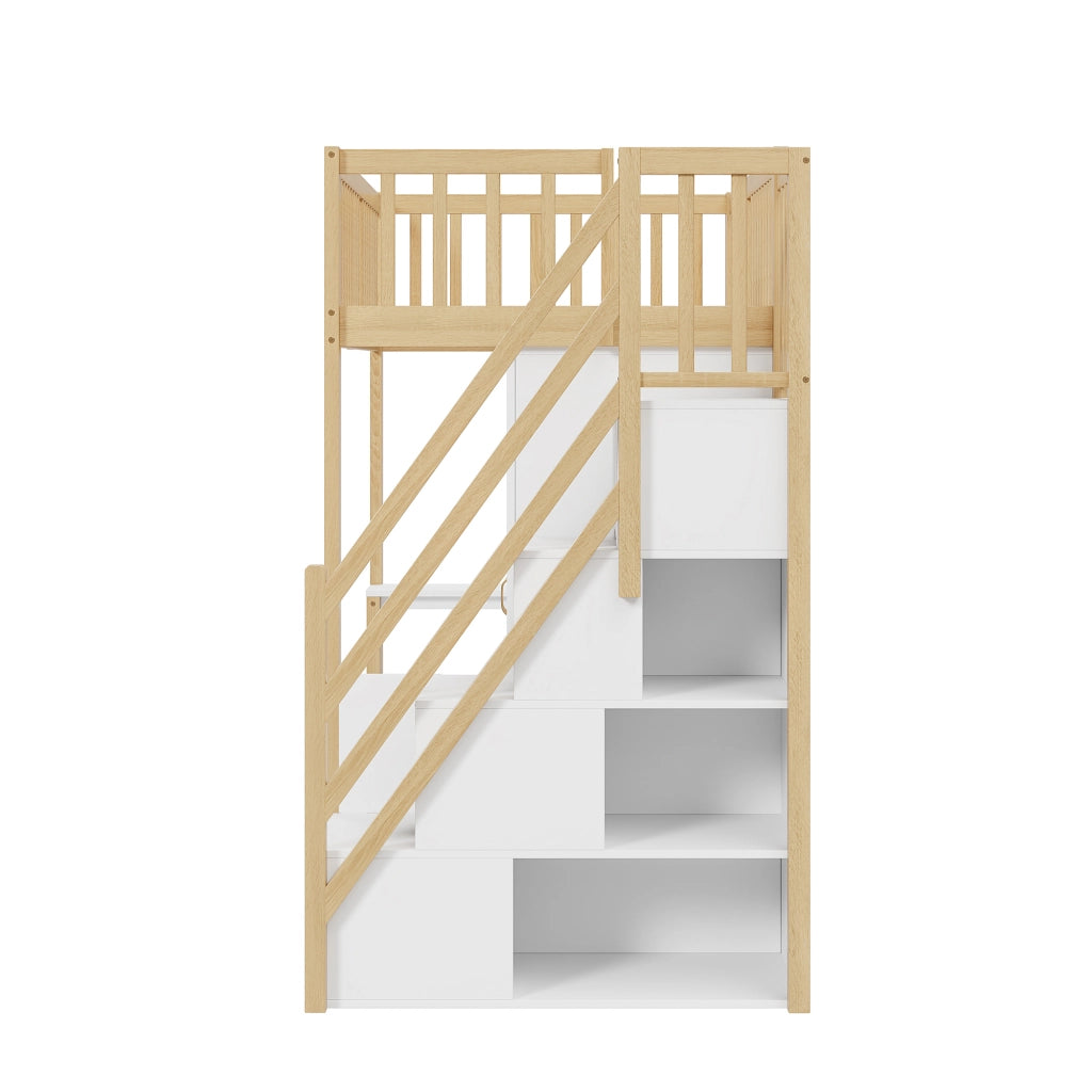 OKWISH Letto a Soppalco 90×200 cm, Letto Singolo con Scala con Cassetti, Armadio, Scrivania e Mensole, senza Materasso, Legno