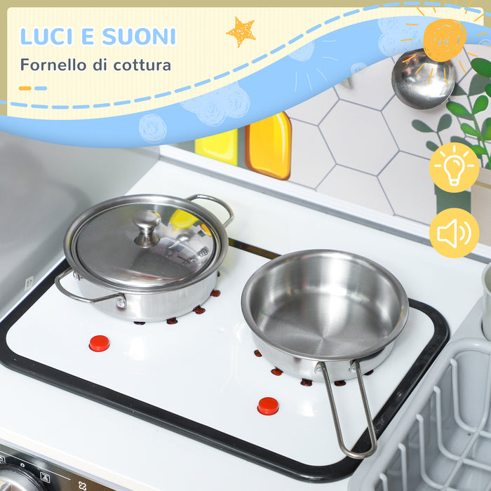 Set Cucina Giocattolo in Legno con Fornello con Luci e Suoni, Lavello con Circolo d'Acqua e Accessori, Bianco