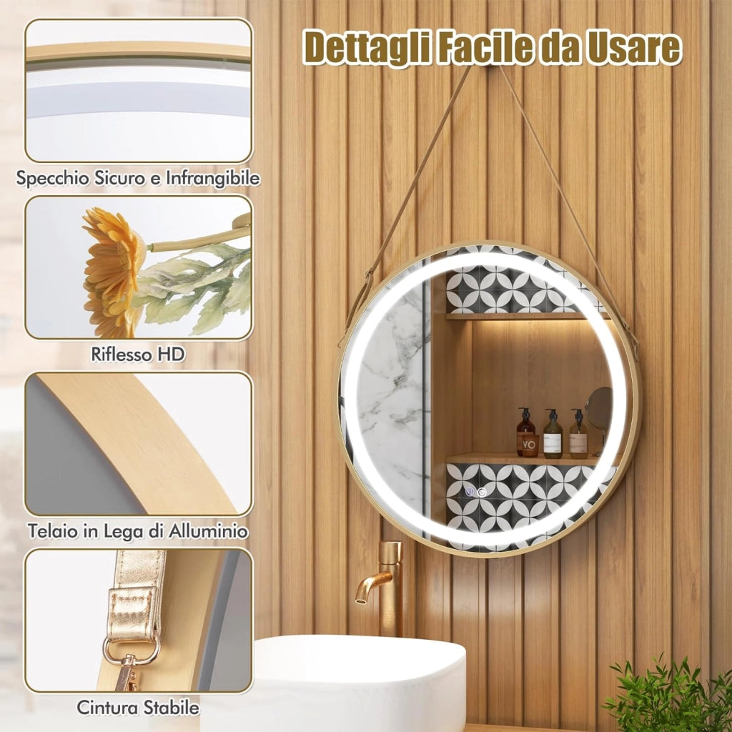 Specchio da Parete 60 x 60cm, Specchio da Bagno Rotondo Moderno con Interruttore Touch, Funzione Antiappannamento, Luce Led Regolabile e Gancio per Soggirno Camera da Letto e Ingresso, IP44