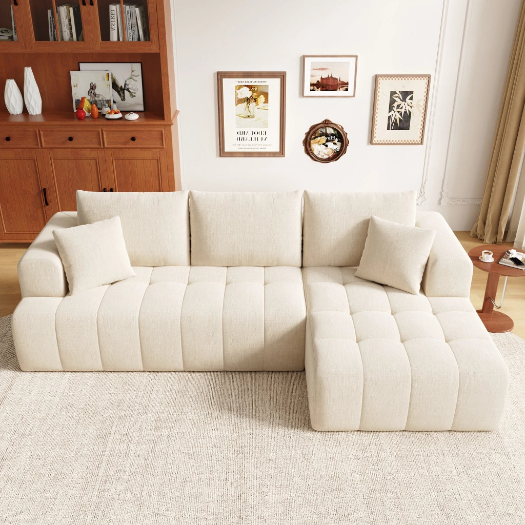 Divano angolare modulare 3-4 posti con chaise longue e 2 cuscini, design basso per soggiorno in chenille beige