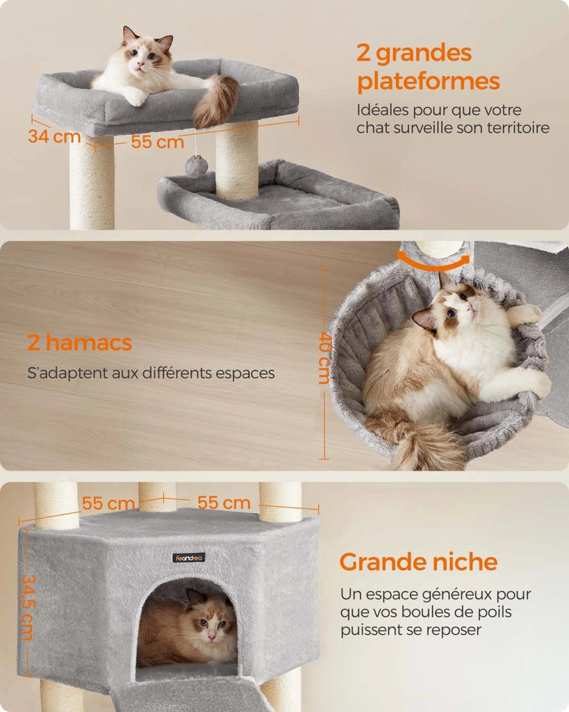 Tiragraffi grande torre gioco per gatti a più livelli 55 x 55 x 186,7 cm pali in sisal da 11 cm di diametro grigio Maine Coon 12_0008008