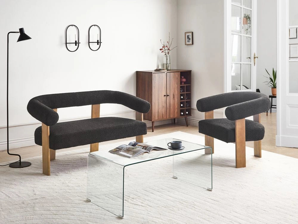 Set da salotto divano a 2 posti poltrona imbottita bouclé nero e marrone scuro stile retrò soggiorno