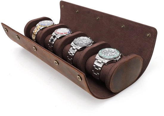 Scatola di conservazione per orologi in pelle vera e cappuccio cilindrico, borsa morbida (Coffee2, per 4 orologi)