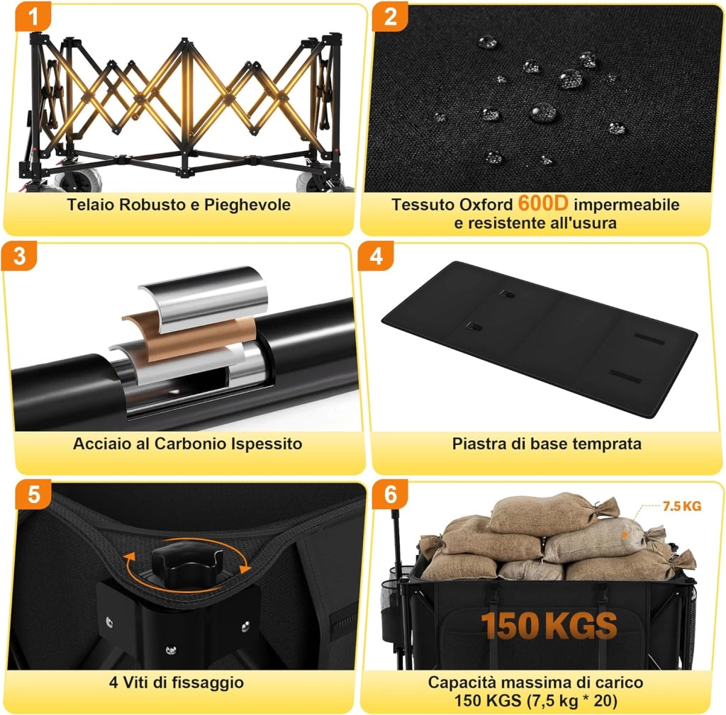 Carrello da Spiaggia Pieghevole 200L 150KG, Carrello Spiaggia per Tutti i Terreni con Ruote PU Extra Larghe 21.5x10 cm, Carretto Pieghevole Maniglia Regolabile 90° per Spiaggia, Campeggio(Nero)