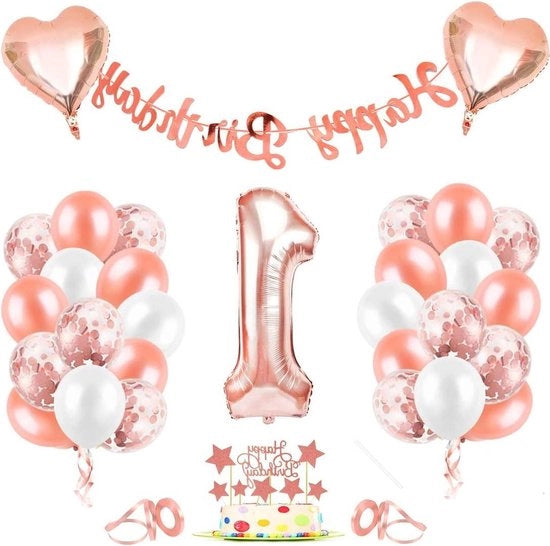 Decorazione di Compleanno Ragazze 1 Anno - Foglia di Rosa con Palla di Ballo in Poliestere con Numeri 1