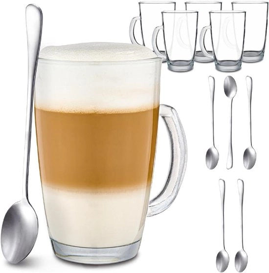 Cappuccino in Vetro da 250 ml con Manico e Cucchiaio - Tienente Caldo per Lungo Tempo - Formato Ideale per Macchine da Caffè Automatiche - Resistentente alla Lavastoviglie.