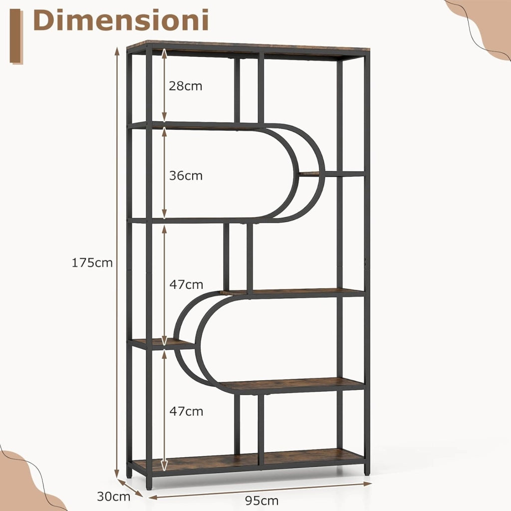 Libreria a 5 Ripiani, Scaffale Alto Autoportante a Forma Ovale con Ripiani Aperti, Struttura in Metallo, Organizer per Soggiorno e Ufficio di Casa, 95x30x175 cm (Marrone)
