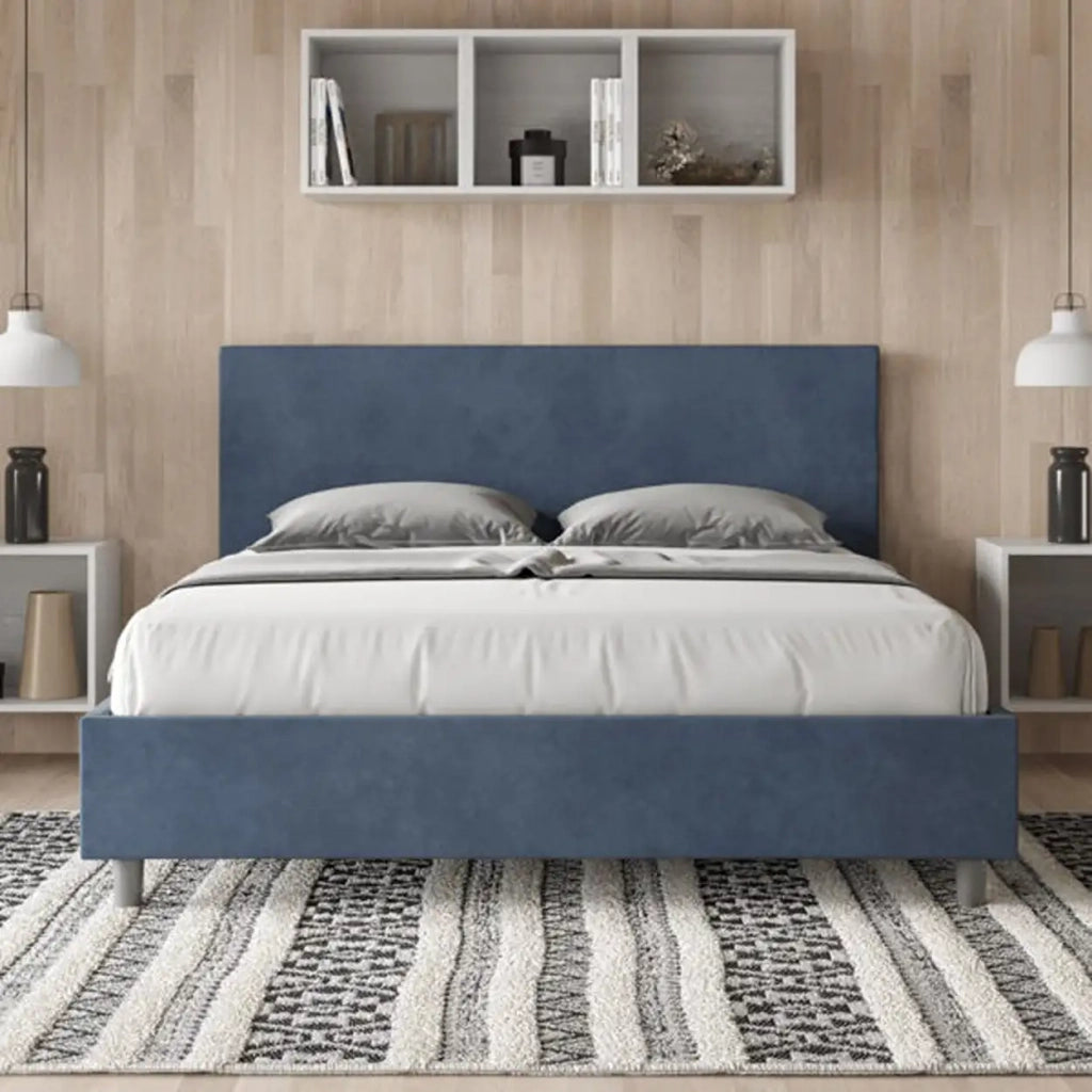 Letto matrimoniale senza rete imbottito 160x190 microfibra blu Adele