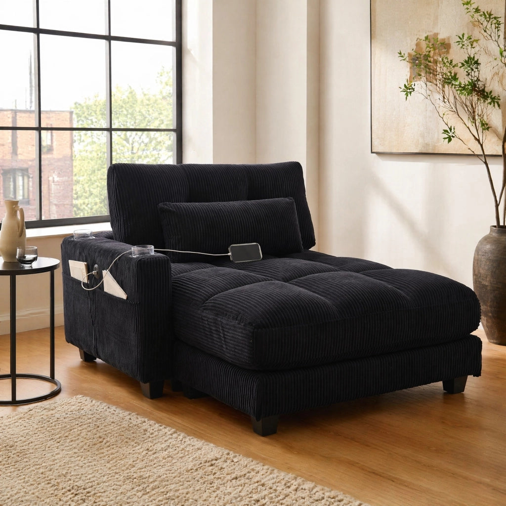 SEDIA LOUNGE in corduroy nero con braccioli reversibili, portabicchieri e porte USB