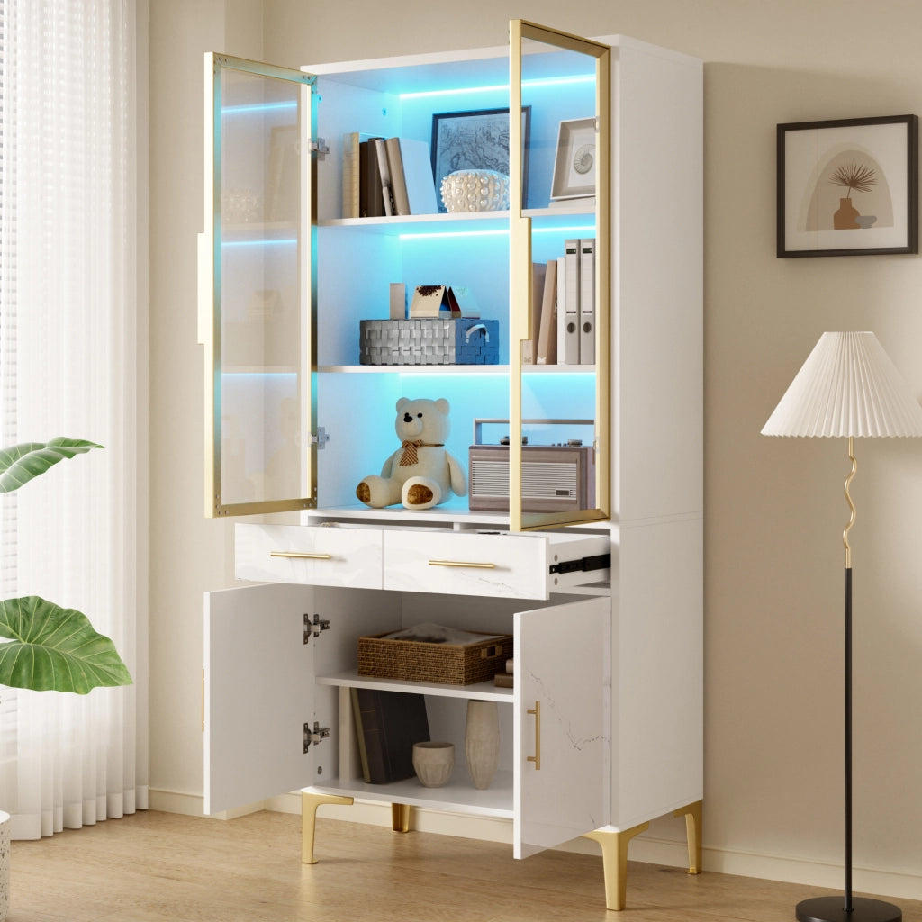 Vetrina con 2 ante in vetro, LED APP, 2 cassetti e ripiani, per soggiorno e sala da pranzo, bianco, 75 × 38 × 170 cm