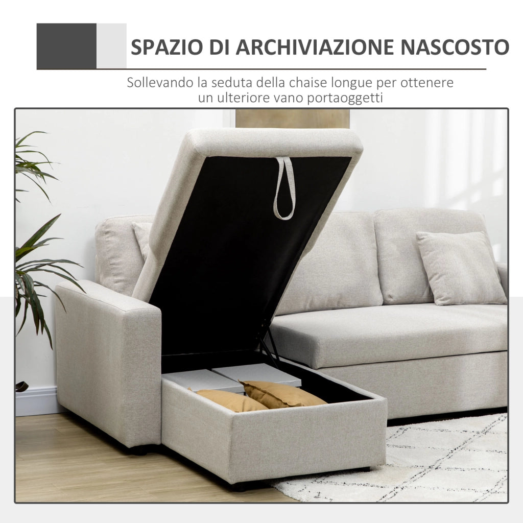 Divano Letto Angolare 225x140x88 cm con Seduta 2 Posti e Penisola Vano Contenitore e 2 Cuscini in Tessuto Crema