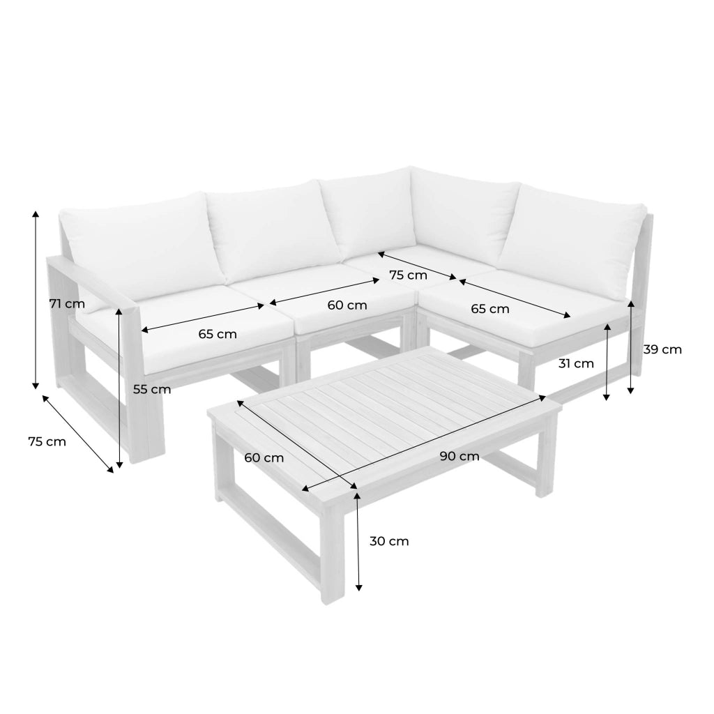 Salotto da giardino modulare in legno di acacia e tessuto beige, 4