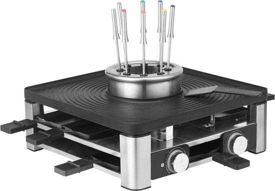 Set da Cucina 3 in 1 per 8 Persone - Griglia da Tavola - Piatto Gourmet e Fonduta con Accessori - Illuminazione LED - Resiste al Lavastoviglie (Piastra Grill e Padelle) - 415480011