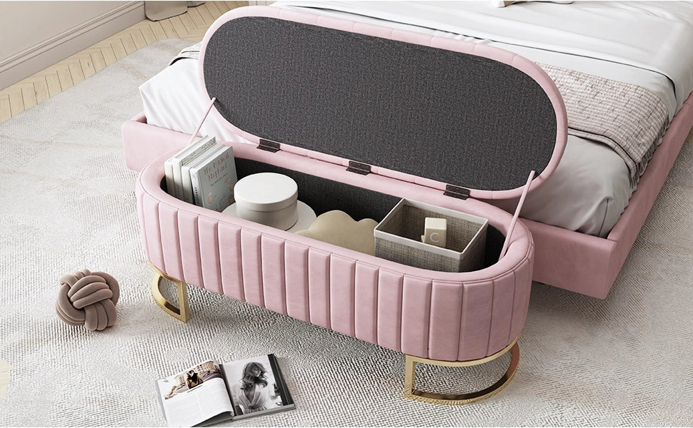 Pouf contenitore imbottito 120 x 39,9 x 41,9 cm in velluto rosa con gambe in metallo
