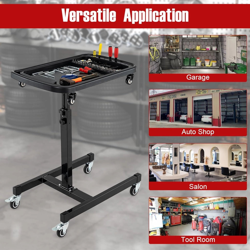 Carrello per officina, carrello girevole a 360°, altezza regolabile 80-130 cm, carico massimo 60 kg, grande vassoio rimovibile 73,5 x 46 cm, per garage, officina, soggiorno, casa, nero