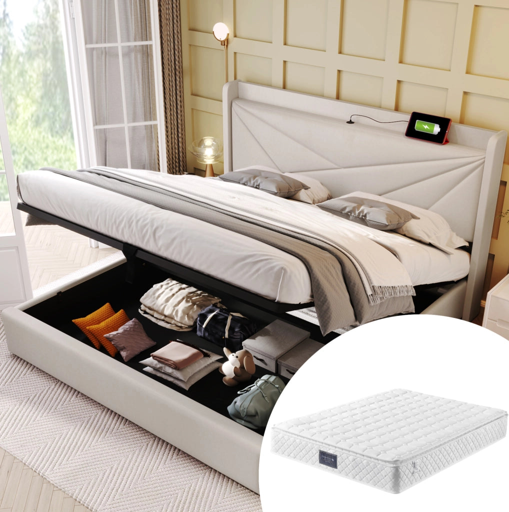 Letto matrimoniale contenitore 140x200 cm con USB e Type-C; beige in cotone lino