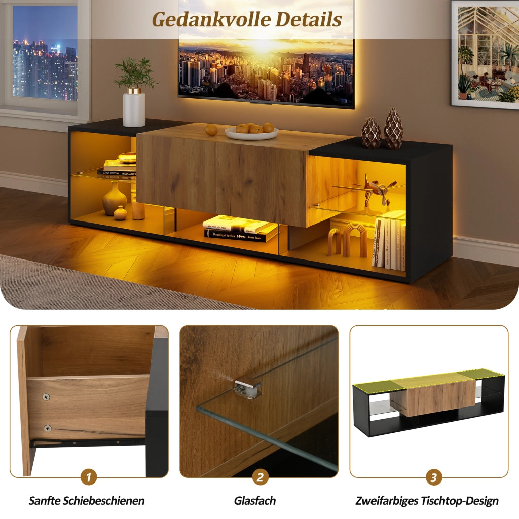 Mobile porta TV con LED e 2 cassetti, 5 vani aperti, per soggiorno, in truciolare, nero e naturale, 160 × 40 × 42 cm
