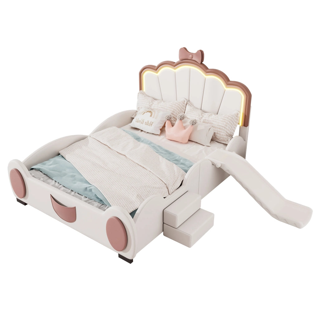 OKWISH Letto Bambini 140×200 cm, Letto Singolo con LED Multicolore, Scivolo e Scala, senza Materasso, in PU e MDF, Rosa e Bianco