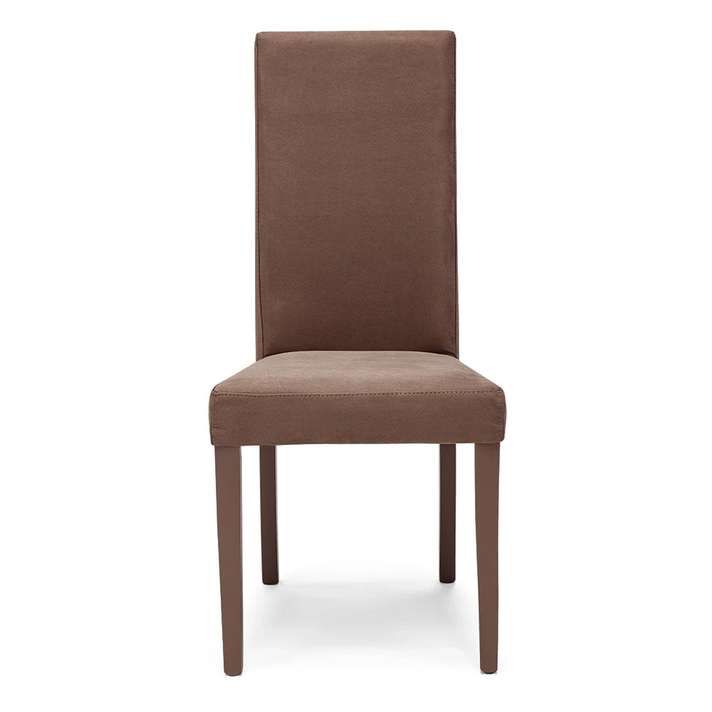 Sedia imbottita per sala da pranzo EDI NEW, MADE IN ITALY, design moderno, rivestimento in tessuto idrorepellente effetto camoscio, gambe in legno in tinta, colore Moka