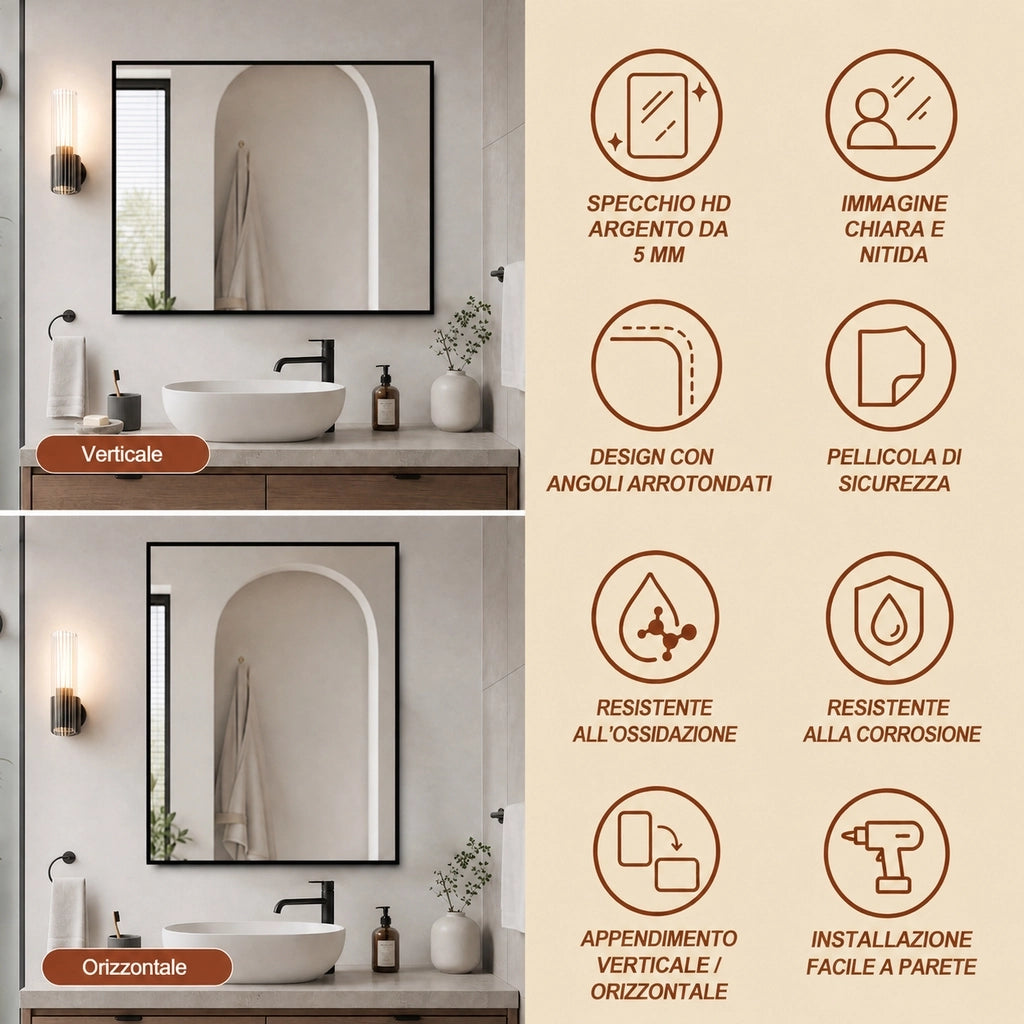 Specchio bagno 60x80 cornice in alluminio nero specchio da parete hd