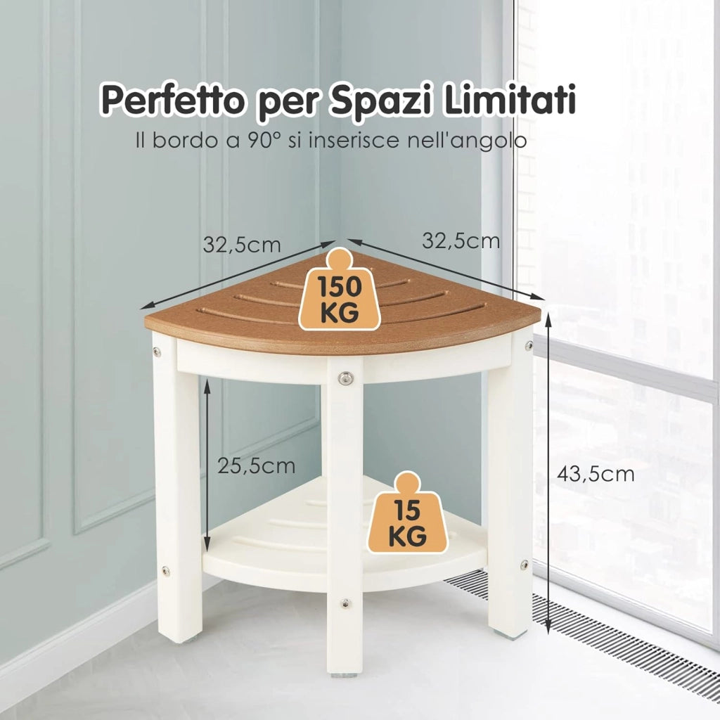 Sgabello Doccia, Sedia da Bagno Angolare in Polietilene con Ripiano, Sedile Multiuso a 2 Livelli per Uso Interno o Esterno, 32,5x32,5x43,5 cm, Capacità di Peso 150 kg (Marrone)