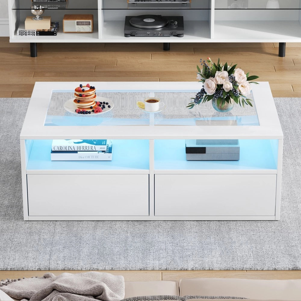 Tavolino da Caff¨¨ con LED e 2 Cassetti ¨C MINIMAL ¨C Vetro Bianco, Doppio Piano, 100x50x35