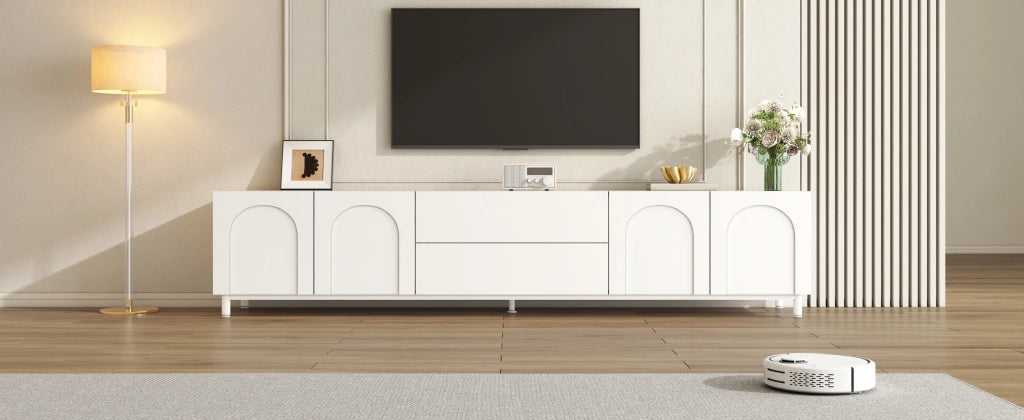 Mobile porta TV con 4 ante e 2 cassetti, passacavi laterali, per soggiorno, in MDF e truciolare, bianco, 180 × 40 × 48 cm