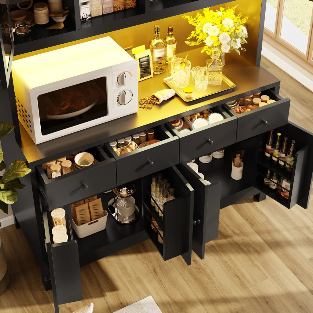 Credenza alta con LED RGB da app, 4 cassetti e ripiani regolabili per cucina e soggiorno in MDF nero 140 × 38,5 × 180 cm