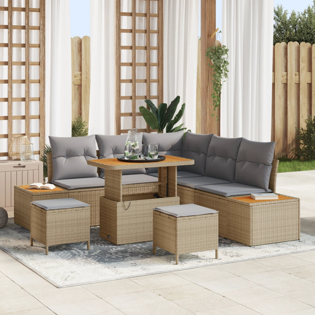 Set divano da giardino 8 pezzi con cuscini beige polyrattan acacia