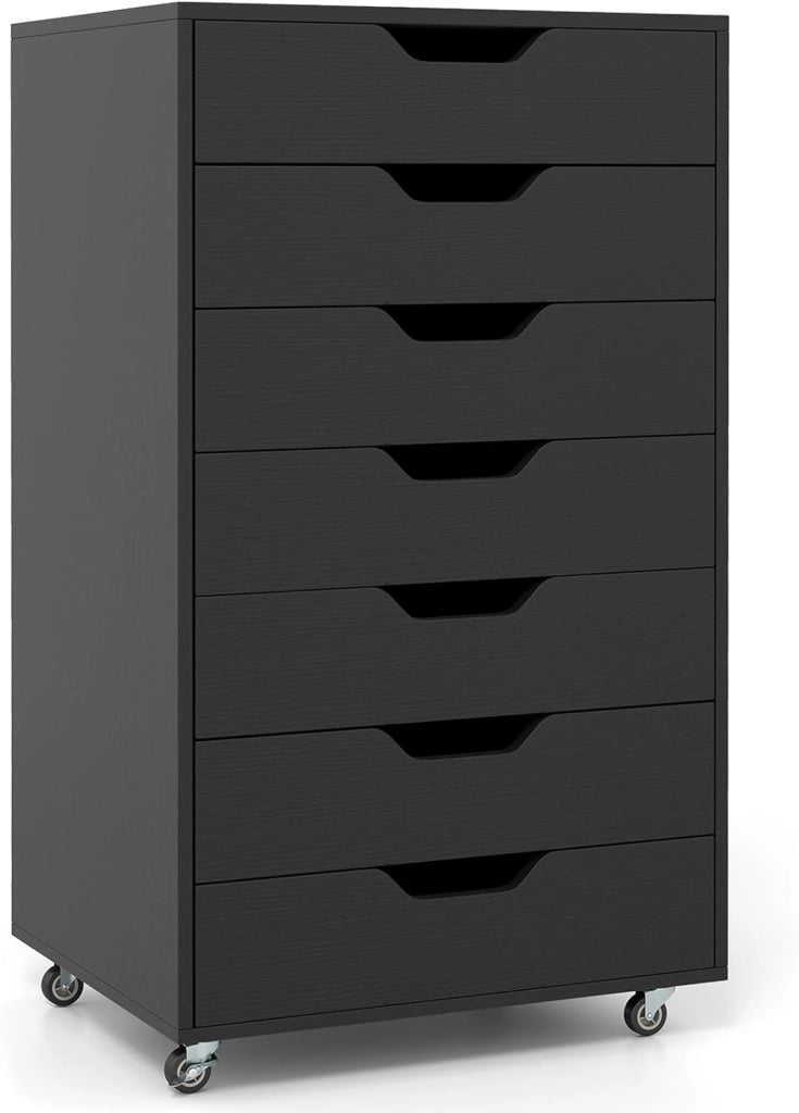 Cassettiera da Ufficio Mobile con 7 Cassetti, Mobile da Scrivania con Ruote per la Conservazione, Supporto per Stampante per Cartelle, Documenti, Carte, 49 x 40 x 87 cm (Nero)