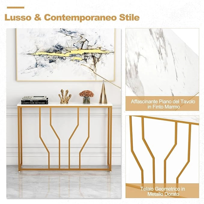 Tavolo Consolle 110cm, Tavolo da Ingresso con Piano Effetto Marmo, Struttura in Metallo, per Soggiorno, Corridoio, Ingresso