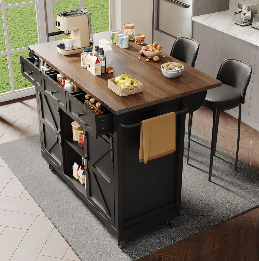 Isola cucina 140x45 cm pieghevole con 3 cassetti e ante scorrevoli; MDF; nero