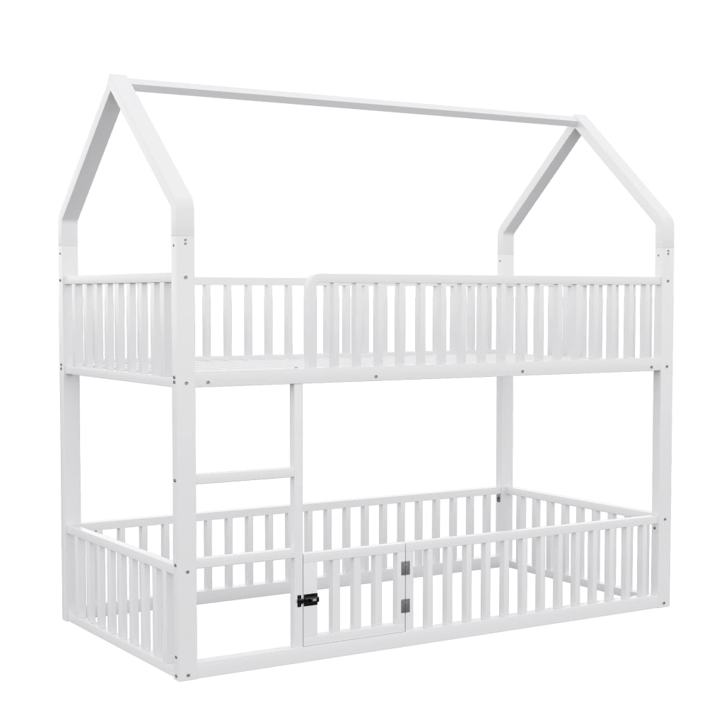 Letto a castello in metallo 90x200 cm bianco con scala frontale e porta apribile, design a casetta