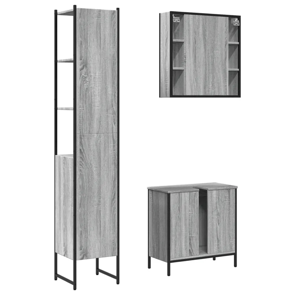 Set Mobili da Bagno | Armadio da bagno 3 pz Grigio Sonoma in Legno Multistrato