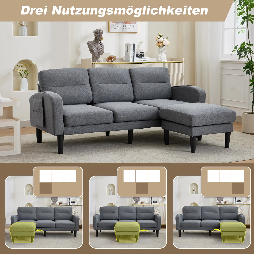 Divano angolare modulare a 3 posti con penisola e tasche laterali sfoderabile in tessuto grigio 204 × 136 × 80 cm