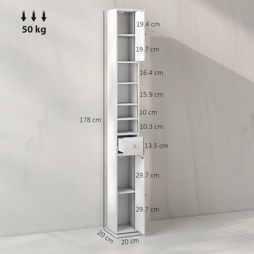 Colonna Bagno Salvaspazio con 2 Armadietti, 3 Ripiani e Cassetto ¨C zephmum ¨C Legno, Bianco, 20x20x178 cm
