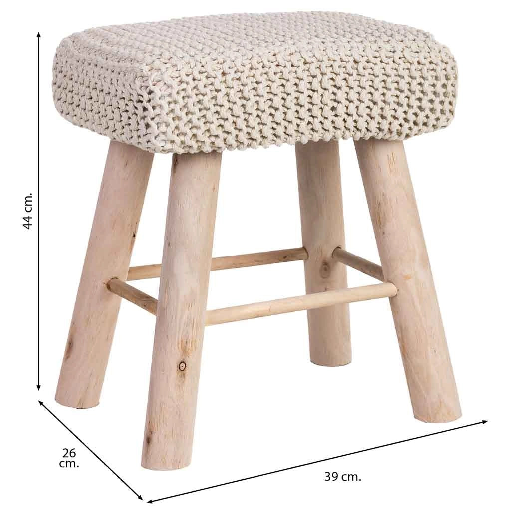 Sgabello in cotone intrecciato e legno bianco 26x39x44h cm
