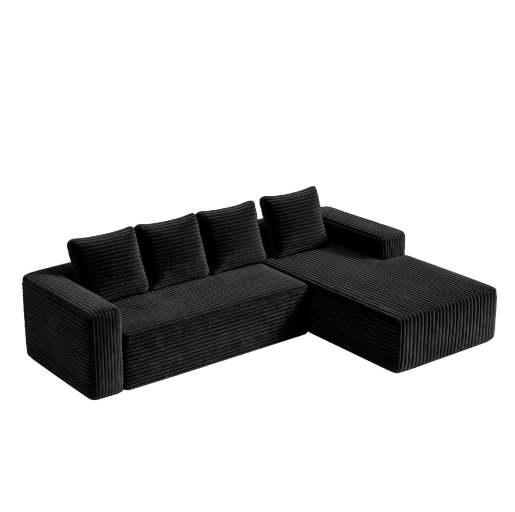 Divano modulare angolare a L con chaise reversibile; senza montaggio; in velluto a coste nero