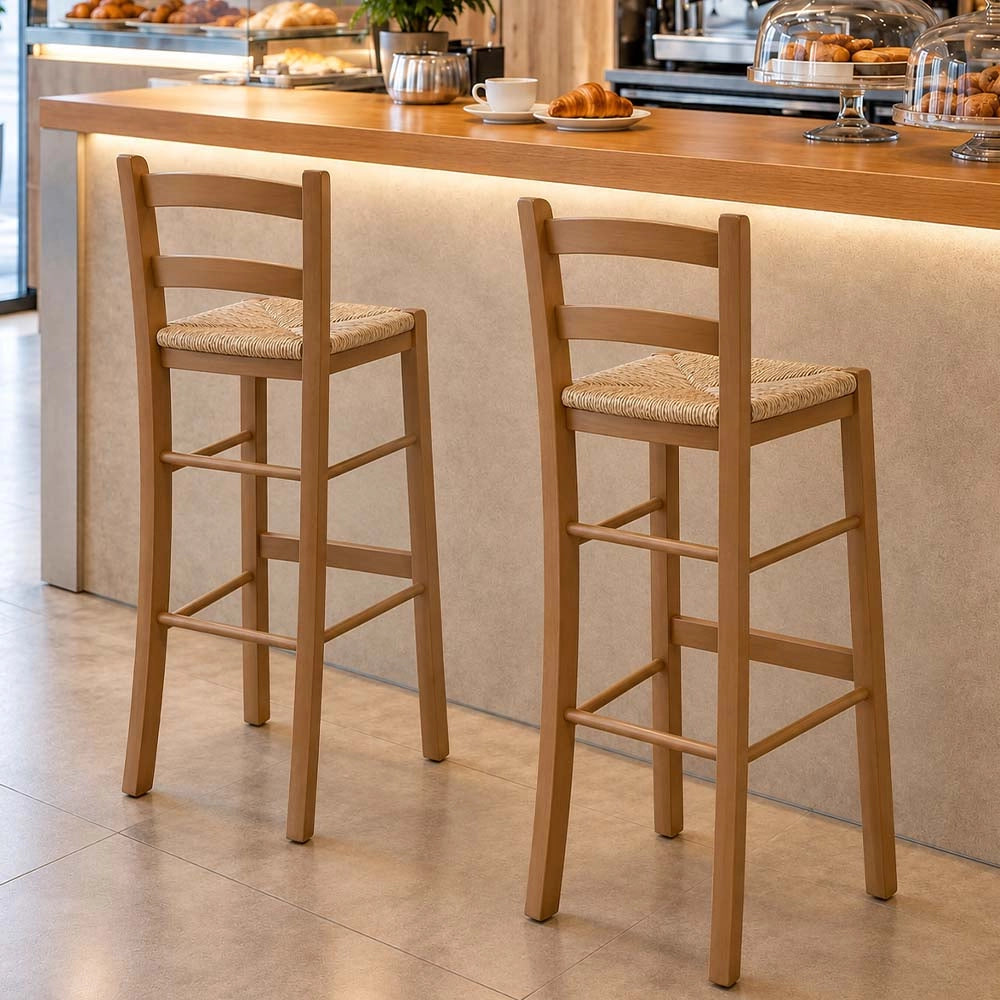 Sgabello in legno H 80 cm noce chiaro con schienale e seduta in paglia