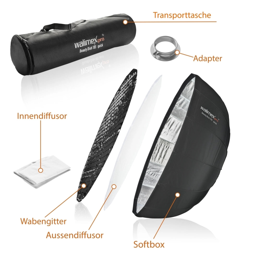 SL Beauty Dish Softbox QA105 Ø 105 cm compatibile con Profoto, sagomatore luce con griglia e diffusori, riflettore per fotografia