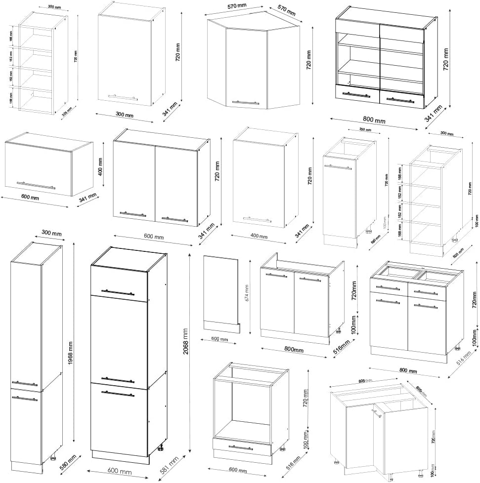Cucina angolare completa Fame-Line, Bianco lucido/bianco, 347 x 60 cm, PL Antracite, adatto per una progettazione flessibile della cucina ed espansione modulare
