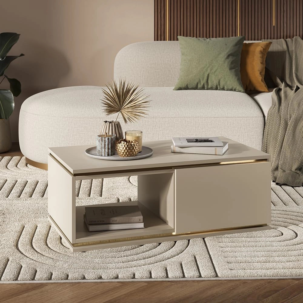 Tavolino Linette, Cachemire, 90 x 50 cm con cassetto, Meccanismo push-to-open per un'apertura silenziosa