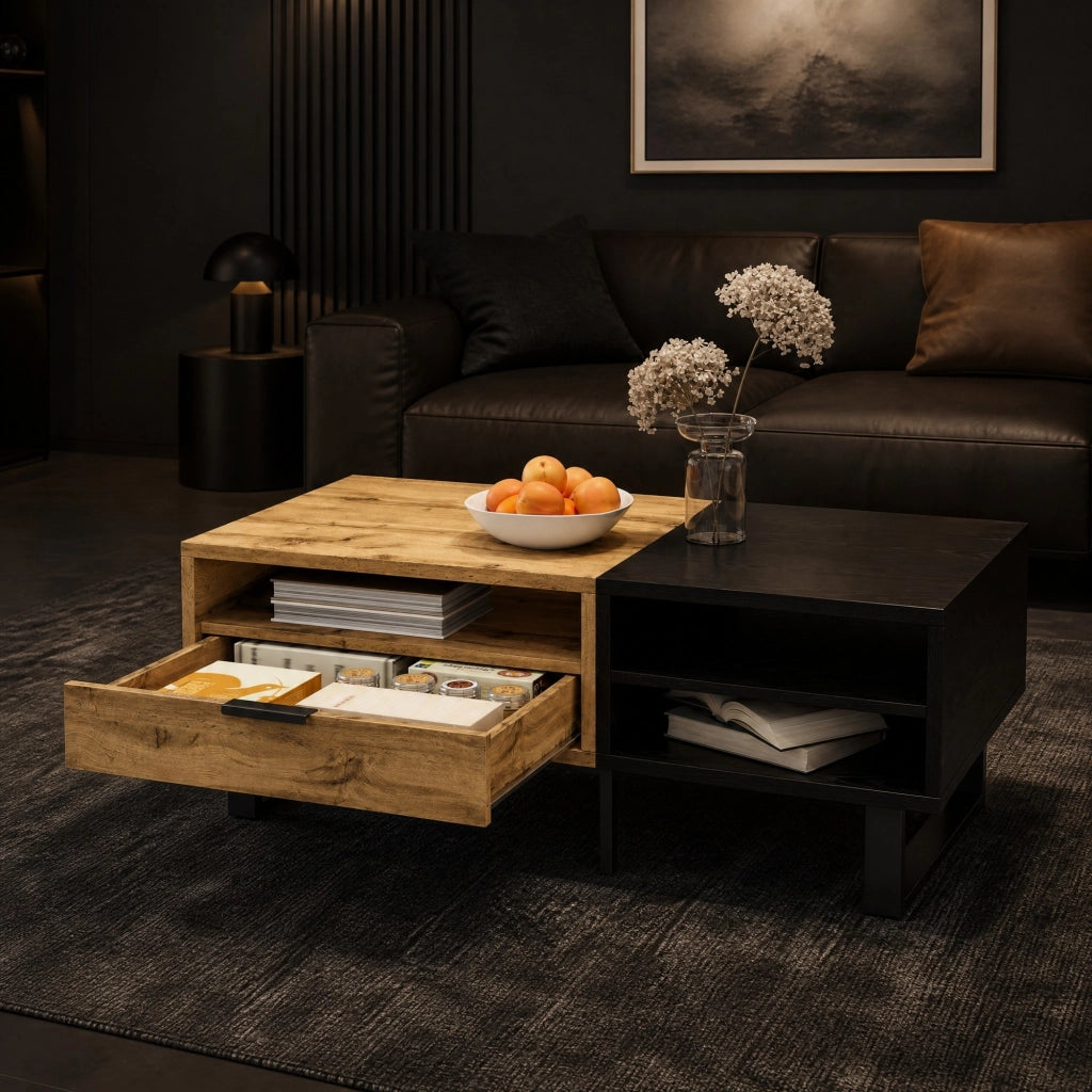 TAVOLINO DA SALOTTO 100x50x40 cm Nero e Legno con 3 vani e cassetto