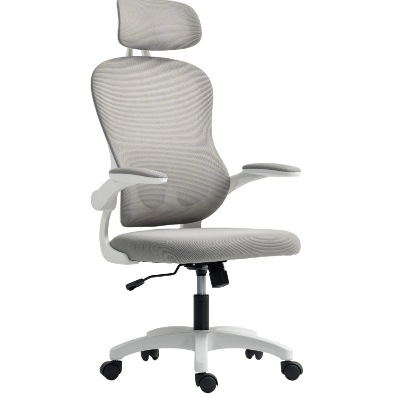 Poltrona da ufficio ergonomica grigia con schienale in rete e braccioli ribaltabili