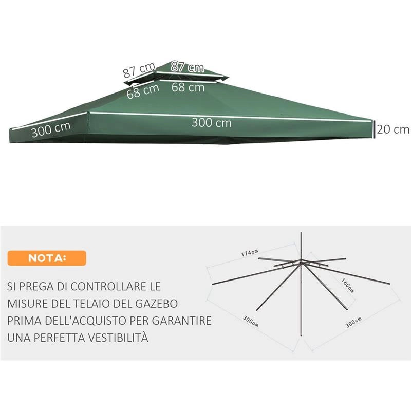 TELO DI COPERTURA PER GAZEBO DA GIARDINO 3 X 3 MT COLORE VERDE SCURO