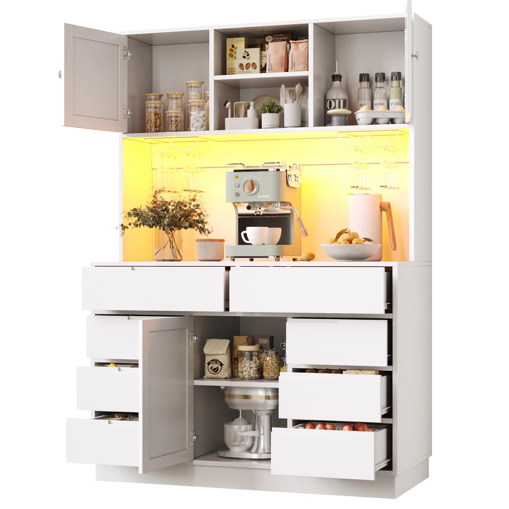 OKWISH Credenza Alta da Cucina con 8 Cassetti, Ripiani Regolabili, LED e Chiusura Magnetica, Bianco, 120×40×183.5 cm