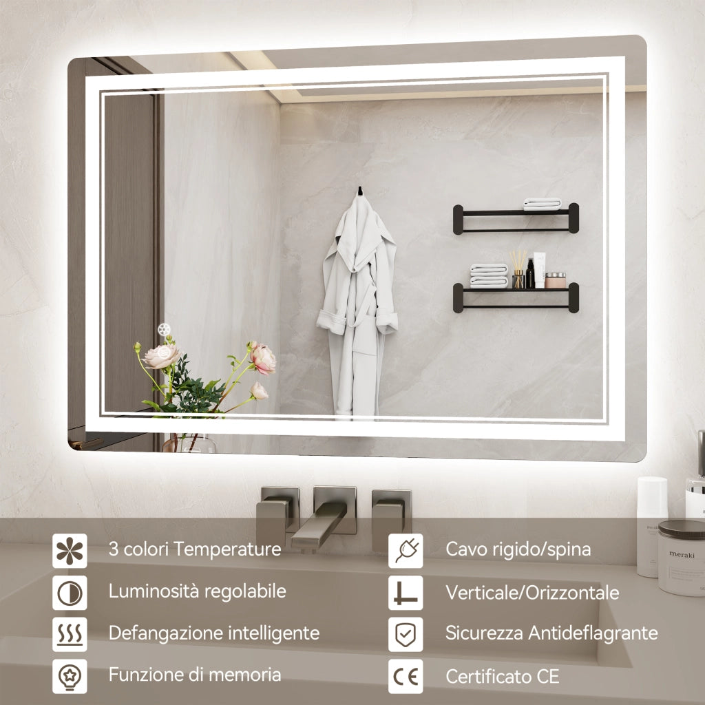 Specchio da Bagno LED 80x60cm - RATTANTREE - Specchio per il Trucco con Illuminazione a 3 colore con controllo a sfioramento - Specchio da Bagno Antiappannamento