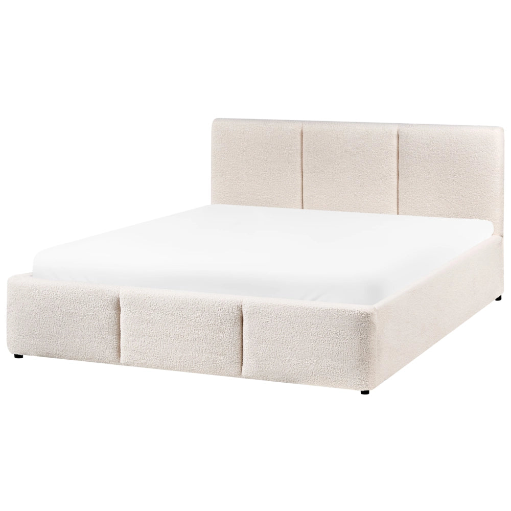 Letto matrimoniale in tessuto bouclè bianco sporco con contenitore 140 x 200 cm Testiera Rivestita Funzione Contenitore